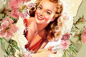 The poster for the La Fiesta festival, featuring a 1950s style pin-up women in a frame made of flowers