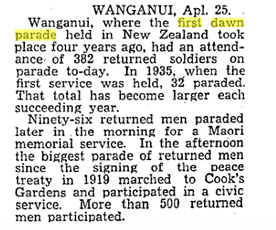 A snip from a news article saying that Whanganui held the first Anzac dawn parade
