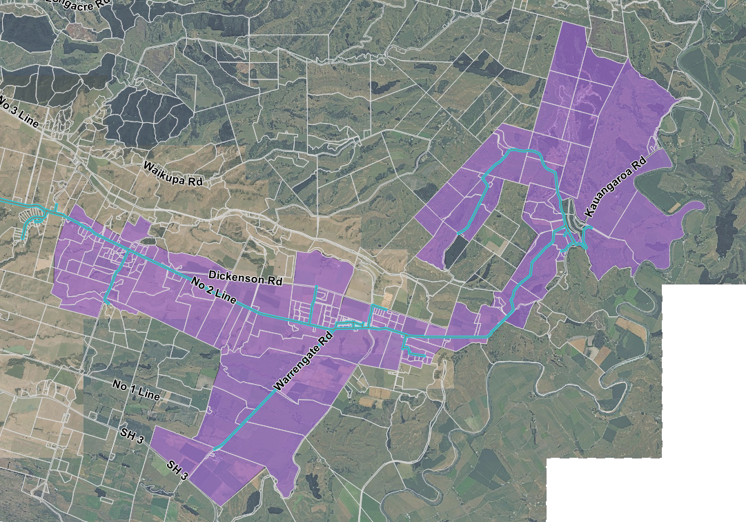 Fordell water supply map - the areas in purple are connected to the Fordell supply
