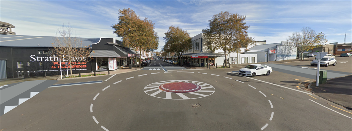 Roundabout at the corner of Guyton and Wicksteed streets