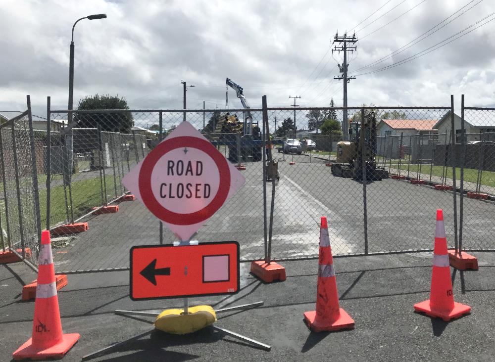 A road closed sign in Raupo Street for the stormwater project - November 2023