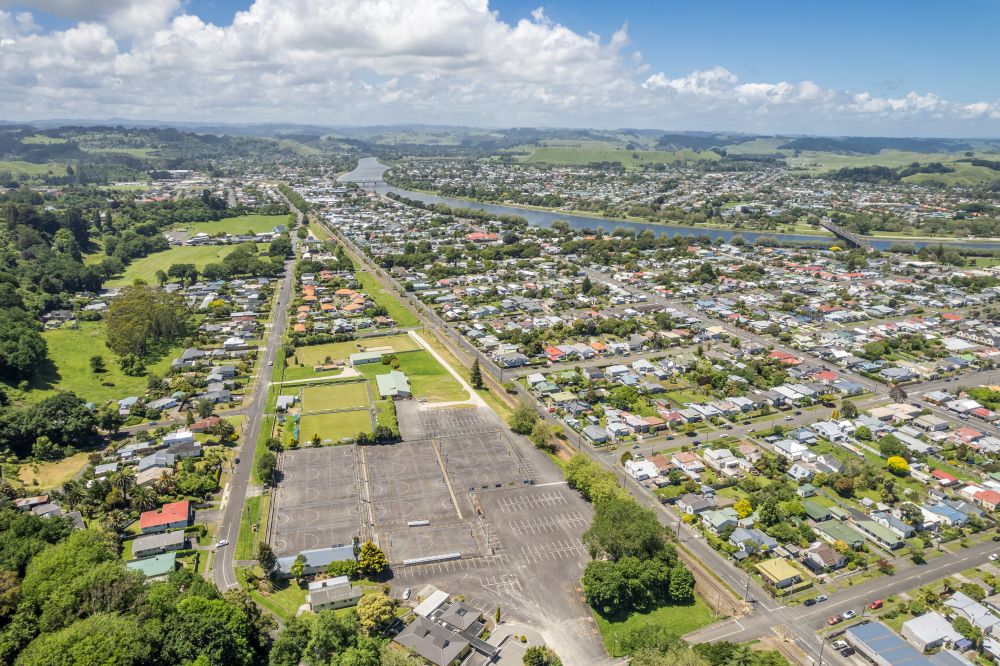 Aerial view of Whanganui over netball courts