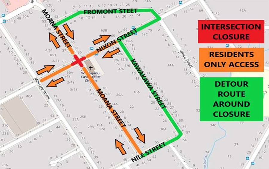 The intersection of Nixon and Moana streets will be closed from 12 Feb-8 March 2024