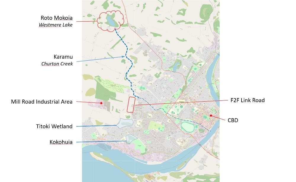 An image showing the connection to various waterways and their link to the Fox to Fitzherbert link road