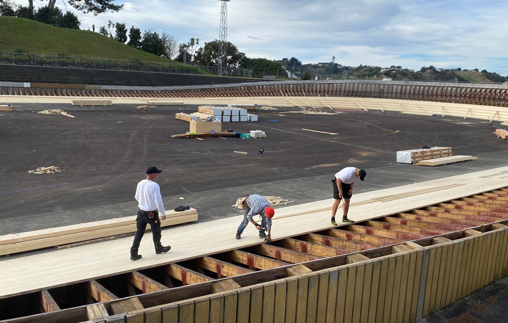 Installation of the new velodrome track is halfway complete as of mid-July 2023
