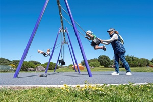 Image of blue summer day, adult pushing kid on swing