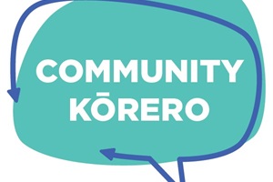 A stylised teal green speech bubble with the words 'Community Korero' in the centre