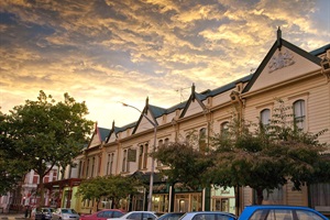 Ridgeway Street buildings at sunset