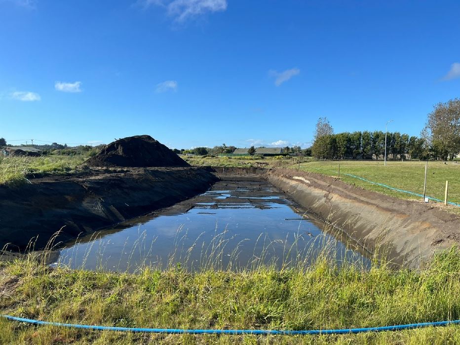 A sediment retention pond is built before any earthworks begin to ensure that runoff from the site is captured and treated. This allows sediment to settle out before the water is discharged to natural waterways